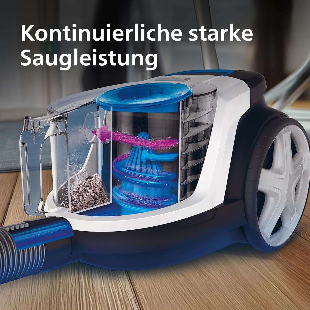 PHILIPS PowerPro Compact Staubsauger – Leicht, Beutellos, 900 W Saugleistung, TriActive Düse für Hartböden und Teppich, Allergie H13 HEPA-Filter, PowerCyclone 5 Technologie (FC9332/09)