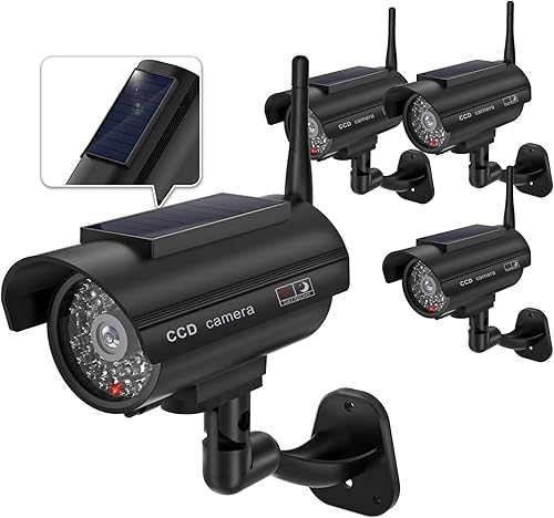 WALI Cámara falsa simulada, cámara de seguridad falsa alimentada por energía solar con luz LED, cámaras domo de seguridad de vigilancia simulada con