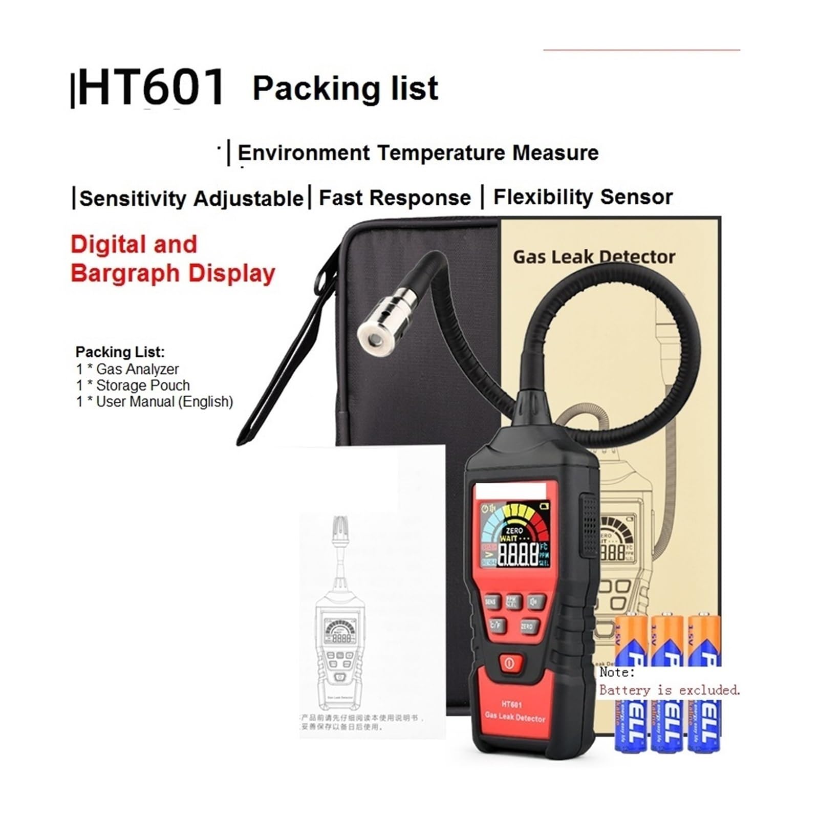Detektor gazu, HT601A+ HT601B+ Akumulatorowy wykrywacz wycieków gazu domowego Przenośny tester gazów palnych Wyświetlacz LED(HT601B Gas Detector)