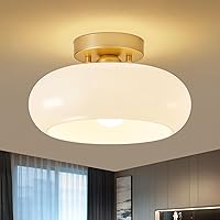 Vista 1 de Mid-Century Modern Gold Semi Flush Mount Ceiling Light, Kitchen Ceiling Light Fixture with Glass Shade, Vintage White Close to Ceiling Lamp for