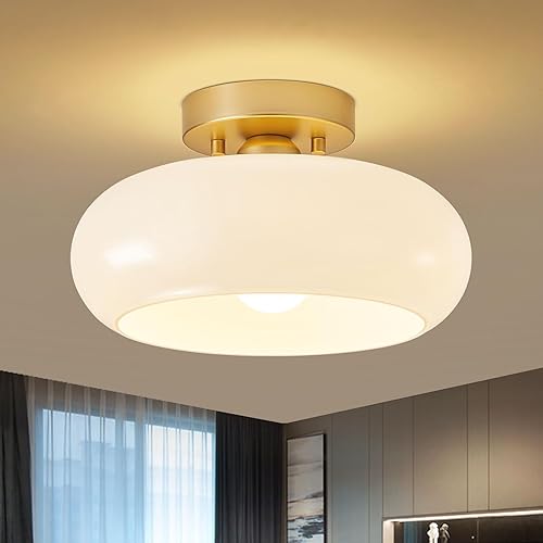 WOKNOS Mid-Century Modern Gold Semi Flush Mount Ceiling Light, Kitchen Ceiling Light Fixture with Glass Shade, Vintage White Close to Ceiling Lamp for Entryway Hallway Bathroom (11.0 Inch)