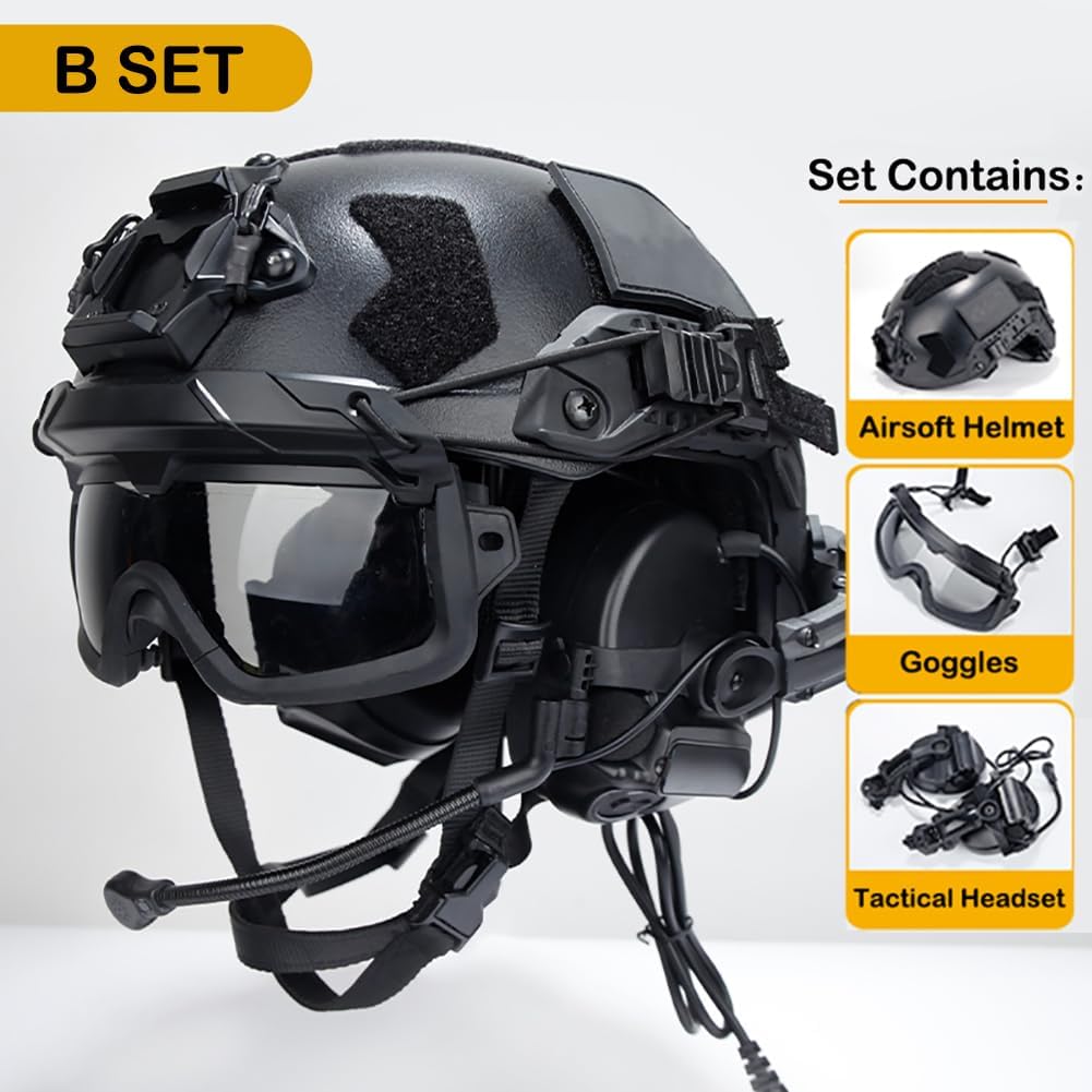 Airsoft Fast SF Helmet with Tactical Headset, Goggles, Flashlight Light, Battery Pack, L4G24 and NVG Model, Outdoor Full Protective Tactical Gear for Airsoft Training Paintball CS BB Hunting