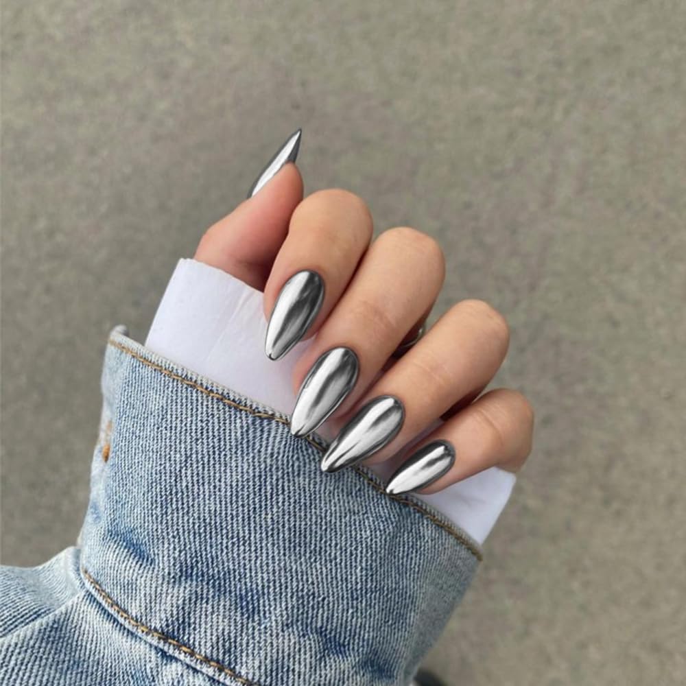 KQueenest Chrome Sliver Press on Nails Almond Medium Glitter Metallic False Nails Medium - Image 2