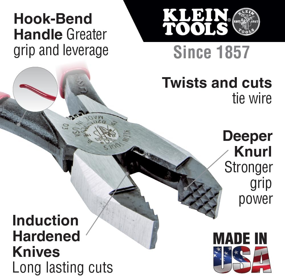 Klein Tools D201-7CSTA Linesman Pliers, Side Cutters with Spring Loaded Action, Ironworker Pliers have Aggressive Knurl and Tempered Handles - Image 2