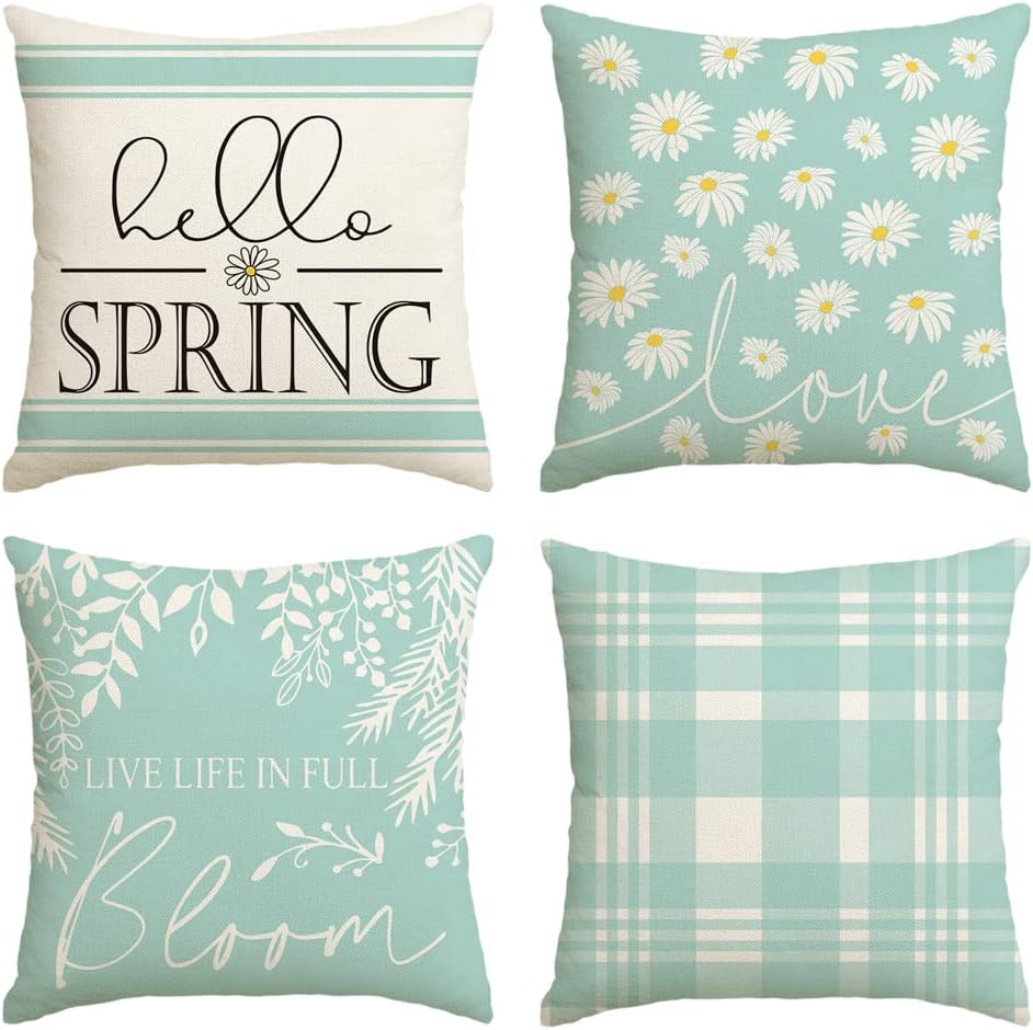 AVOIN colorlife Hello Spring Throw Pillow Covers 18x18 Set of 4, Live Life in Full Bloom Daisy Spring Decorations for Home