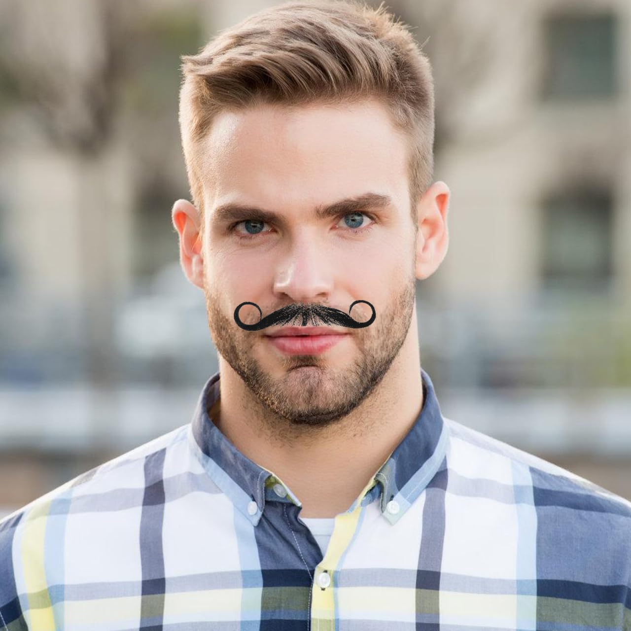 Fausse Barbe Homme - Vrais Cheveux Humains Faits à la Main, Moustache Réaliste Invisible pour Maquillage Cinéma Cosplay Déguisement, Postiche Faciale Respirante Noir