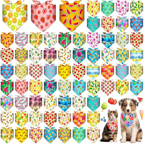 Sanwuta 72 Pcs Dog Bandana Bulk Summer Fruit Washable Puppy Triangle Scarfs Tropical Cat Bandanas Adjustable Soft Cute Pet Triangle Bibs Accessories for Small Medium Dogs Cats Pets Costume