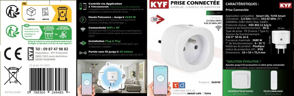 KYF Prise Connectée WiFi + RF 3680W avec Interrupteur Sans Fil, Compatible TUYA/Smart Life, Contrôle via Application, Type E, IP20