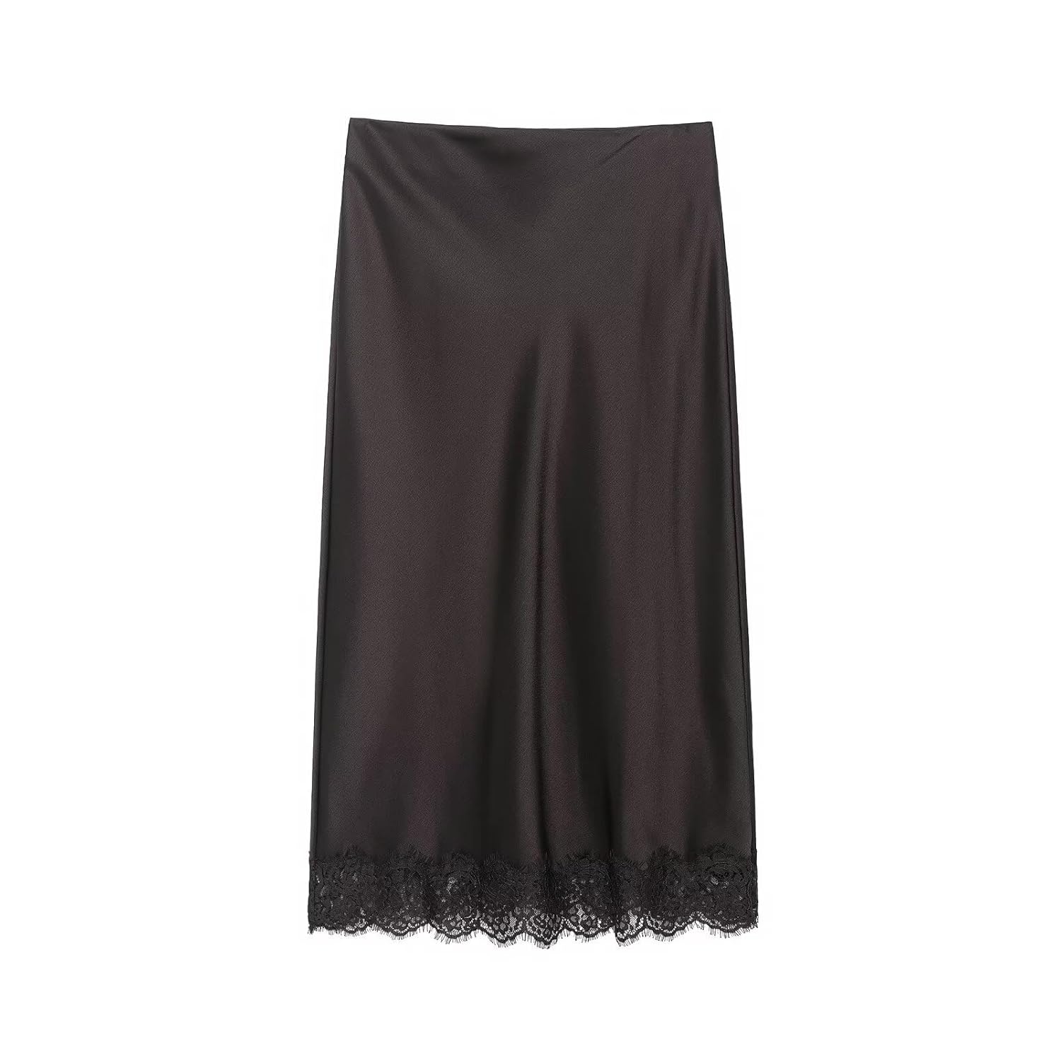 Womens Elegant Satin Midi Skirt with Lace Trim and Hem Vent Mid Waist Back Zip Closure