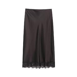 Womens Elegant Satin Midi Skirt with Lace Trim and Hem Vent Mid Waist Back Zip Closure