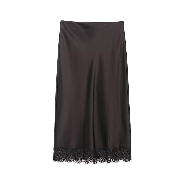 Womens Elegant Satin Midi Skirt with Lace Trim and Hem Vent Mid Waist Back Zip Closure