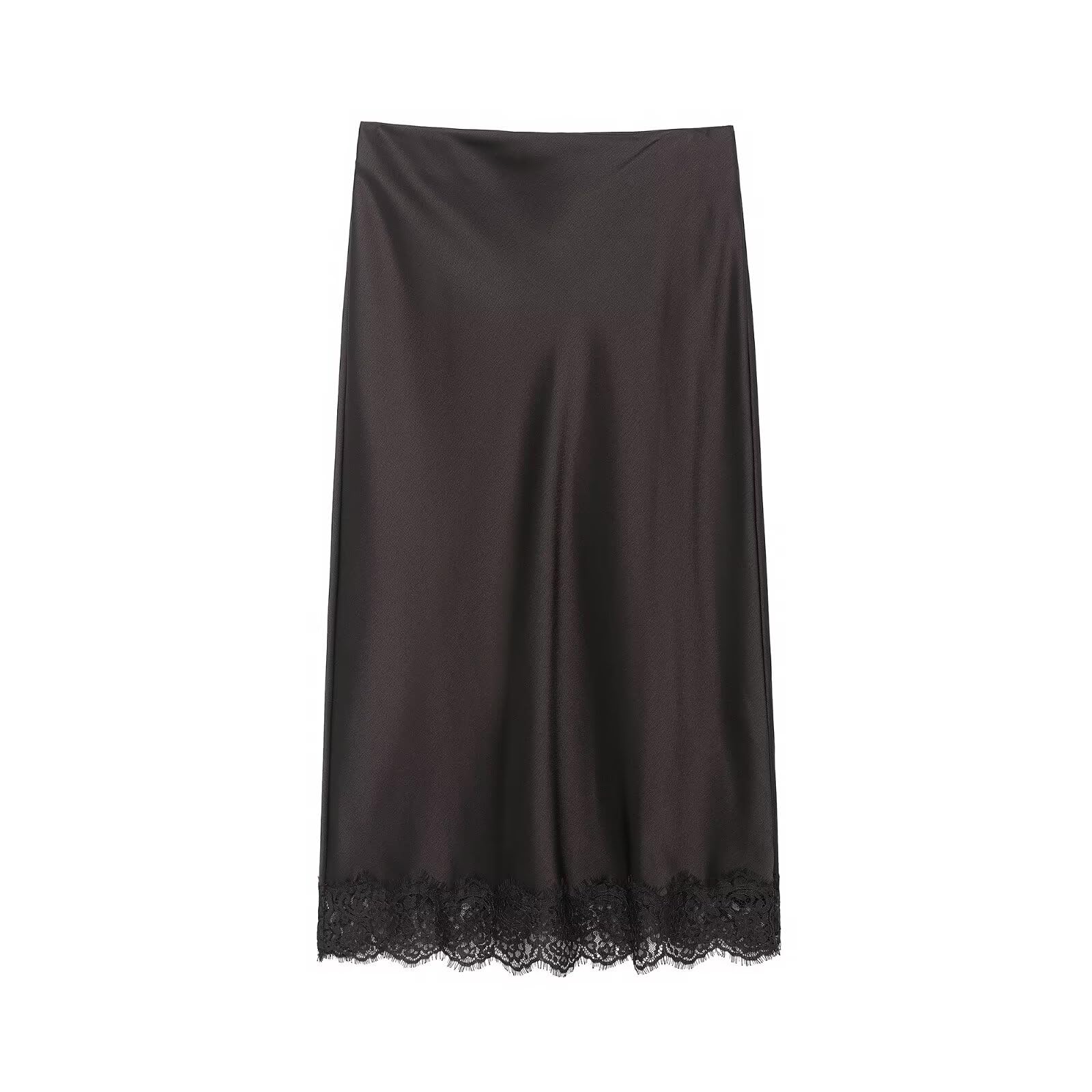 Womens Elegant Satin Midi Skirt with Lace Trim and Hem Vent Mid Waist Back Zip Closure