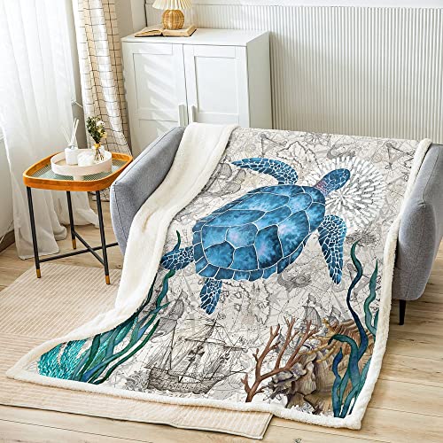 Homemissing Couverture en peluche tortue océanique, reptile, tortue de mer, couverture pour lit, canapé, enfants, en microfibre, chaude, animal sous-marin, double, 152,4 x 200,9 cm