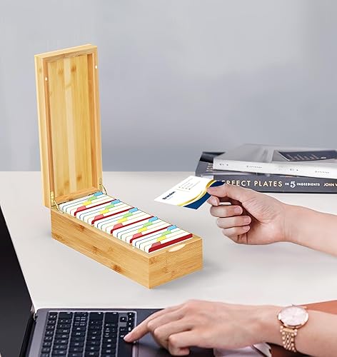 Miniatura 6 de Neando Organizador de tarjetas de visita de bambú para tarjetas de 2 x 3.5 pulgadas, soporte de madera con capacidad para 600 tarjetas con tapa, 4