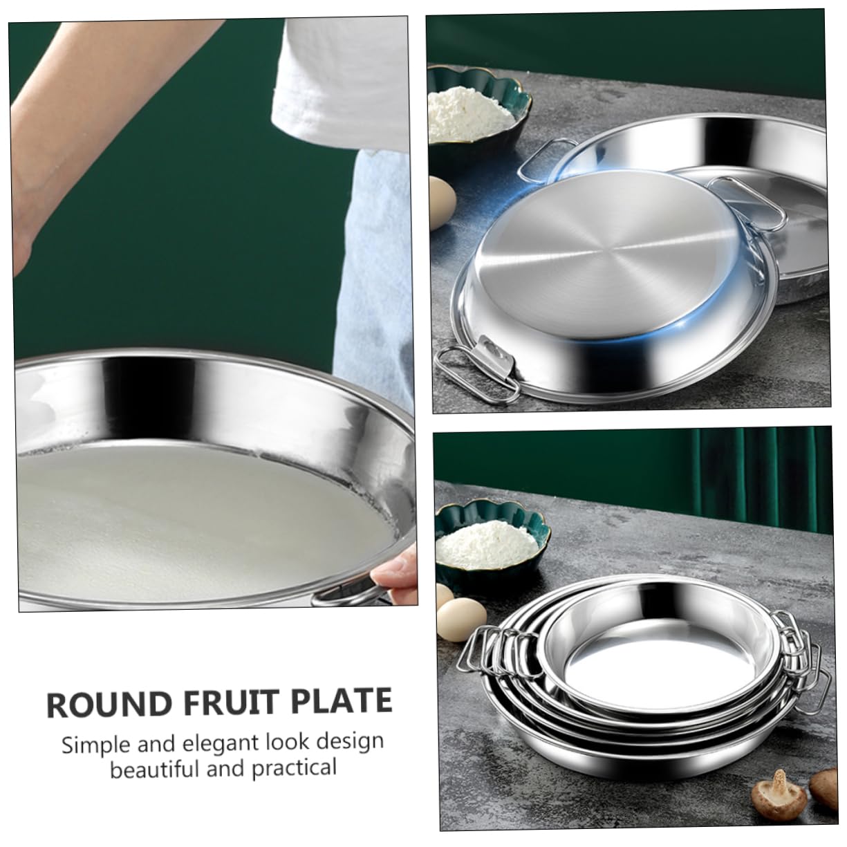 BRIGHTFUFU 1PC Multi Function Stainless Steel Cake and Fruit Tray with Handles Baking Plate for Serving Snacks Pasta and Western Cuisine Lightweight Easy to Clean for Home Use