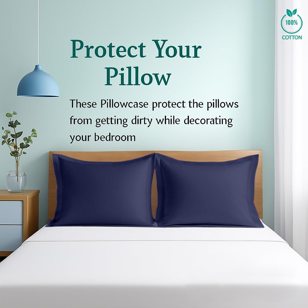 Juego de 2 Fundas de Almohada tamaño Queen de 20 x 30 Pulgadas, 600 Hilos, 100% algodón orgánico, Color Azul Marino con Brida de 5 cm, Suaves y Lisas de Calidad de Hotel