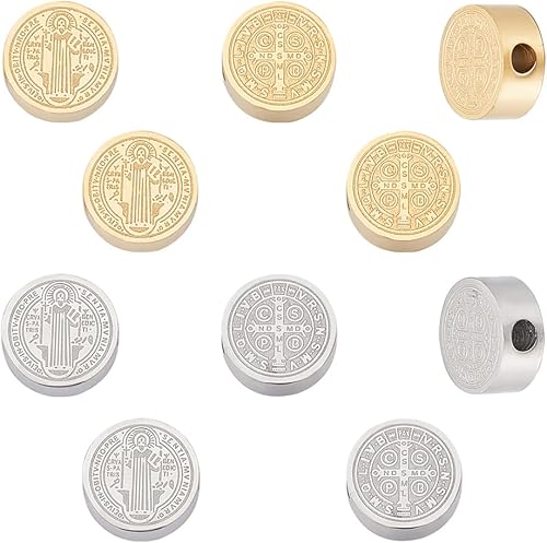 UNICRAFTALE 10 cuentas de acero inoxidable 304 de 2 colores de 0.295 in de diámetro, cuentas redondas planas, pulseras de medalla, cuentas de metal