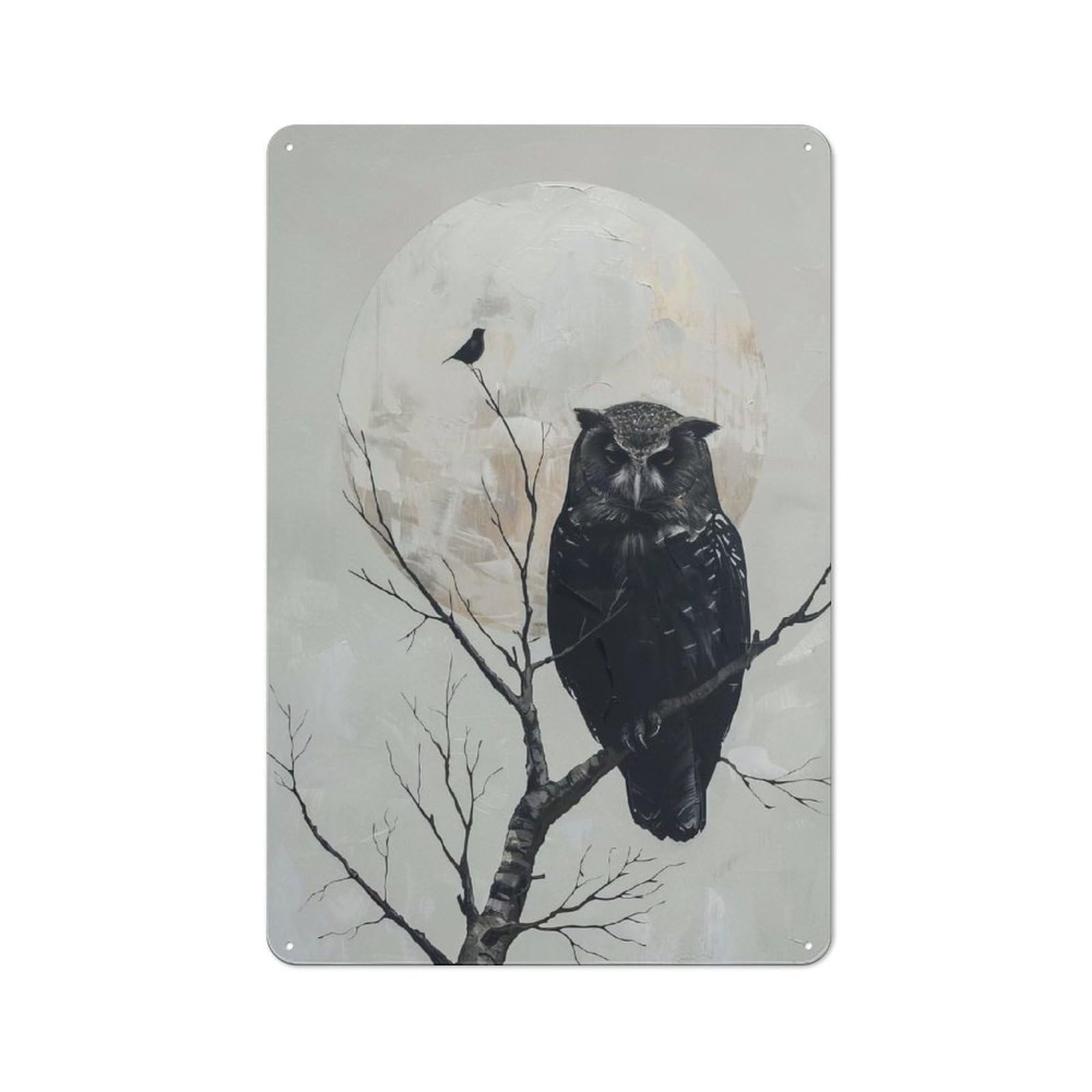 Junmoney Style-23 For Café Or Home Bar, Owl And Bird On Branch Retro Metal Plaque 30X20cm, A Winter Wall Decor Update For Café-Style Decor Fans
