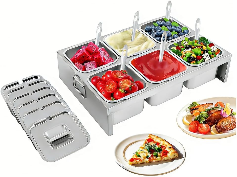 Pizza Topping Station, Stainless Steel Condiment Containers with Lids Spoons 2 Row 6 Pans Salad Bar Buffet Station for Jam Pizza Restaurant Hotel Kitchen Party