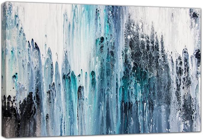 24x16in canvas wall art stretched on wood frame with backboard support - Abstract aclyric blue and white