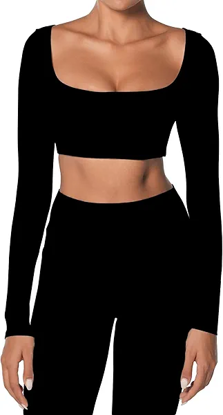 Sunzel Long Sleeve Workout Tops for Women Breathable Square Neck Crop Top with Built in Bra Cropped Yoga Shirt for Lounge Gym
