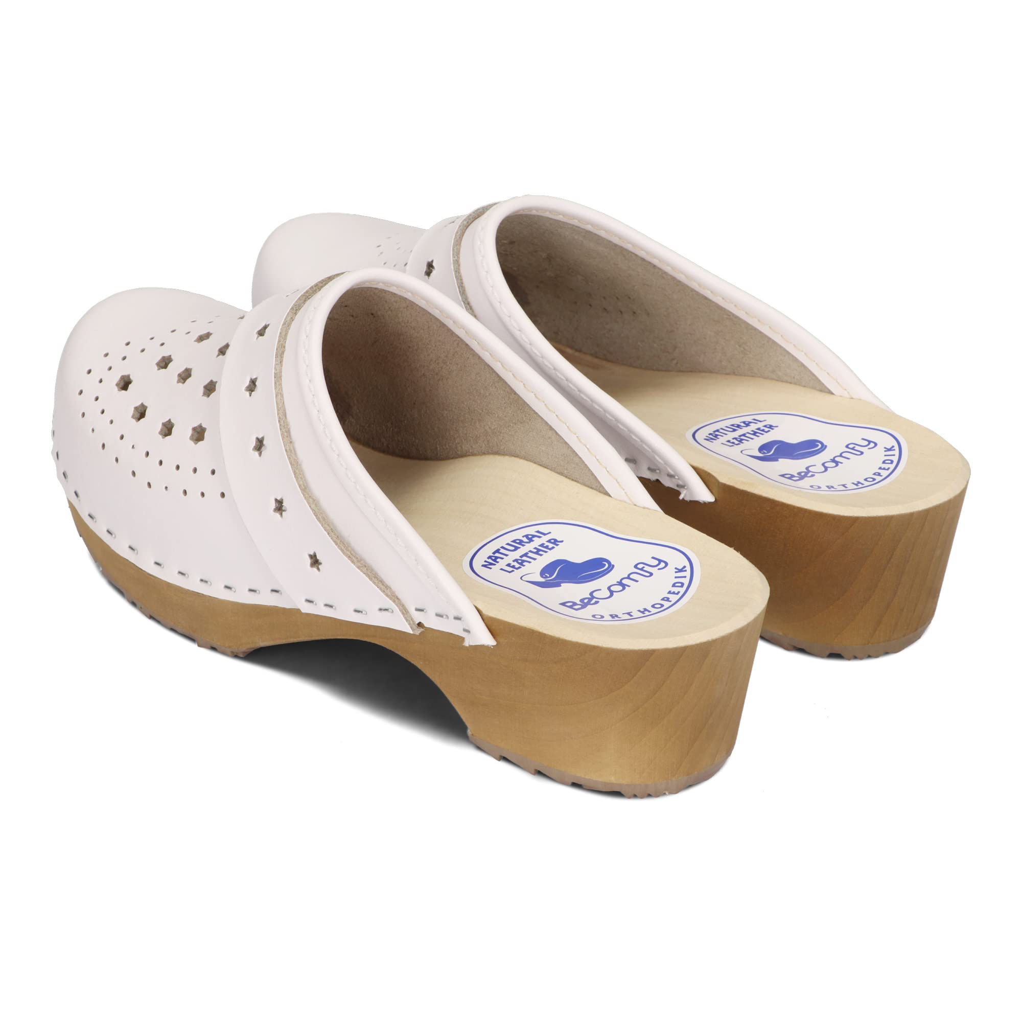 BeComfy Zoccoli da Donna con Suola in Legno Vera Pelle Bianco Fiori Colorati Stelle 35 36 37 38 39 40 41 EU