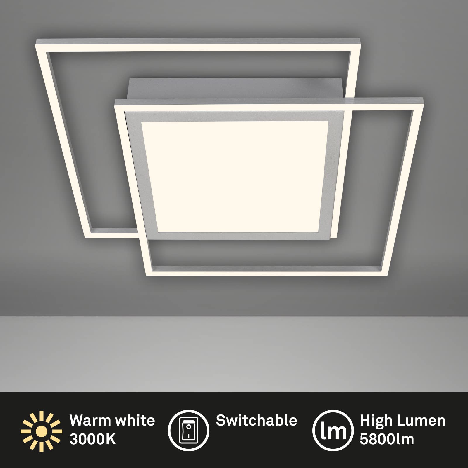 BRILONER Leuchten - Deckenleuchte LED, Deckenlampe, LED Frame Mittellicht, Warmweißes Licht, 5800 Lumen, Getrennt Schaltbar, Alu-Chrom-Matt