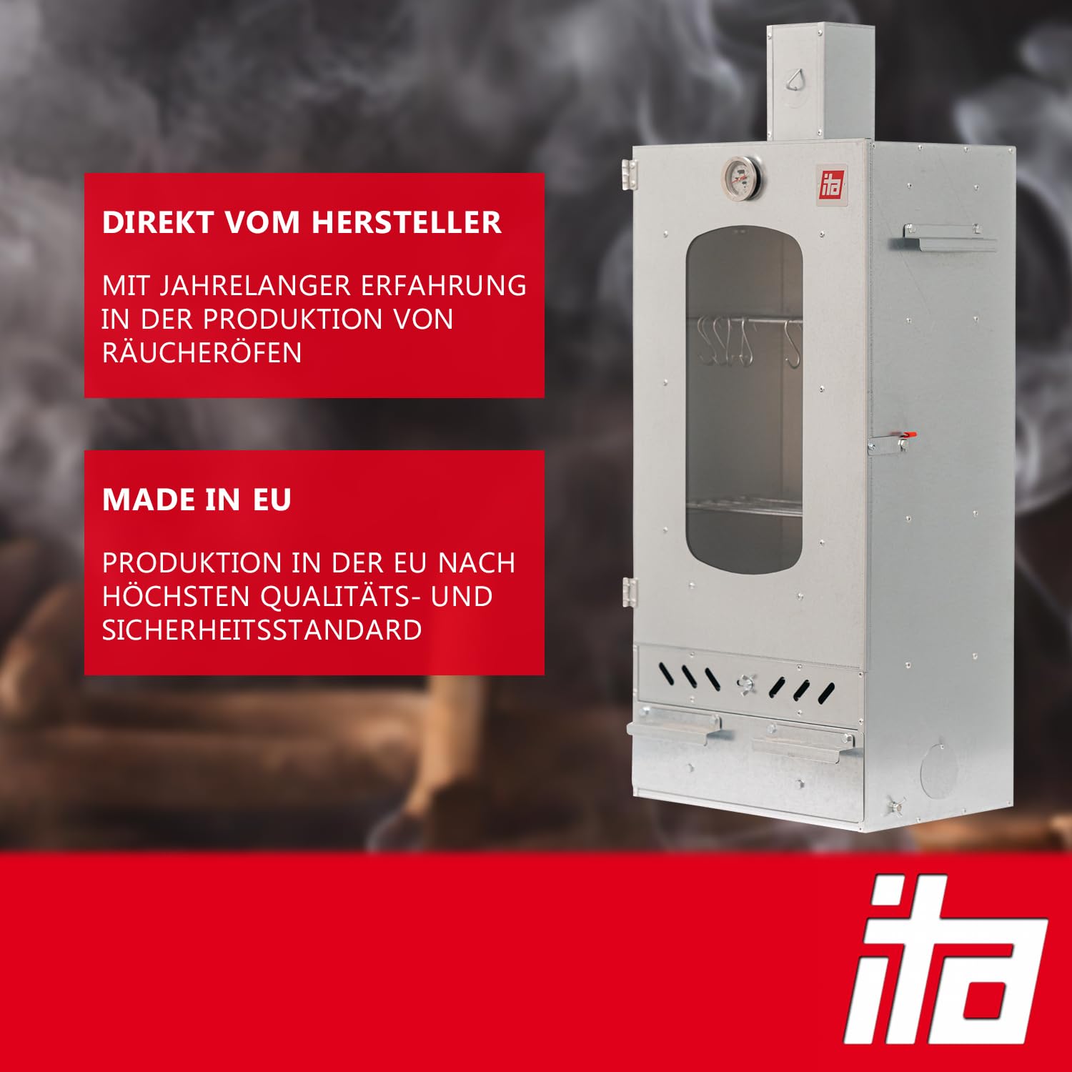 ITA Räucherofen 7012 - Smoker Set mit Rauchgenerator & Räucherspänen - Räucherschrank mit 3 Etagen - Legierter Stahl, mit Sichtfenster & Kaminabzug - Qualität Made In EU Direkt vom Hersteller