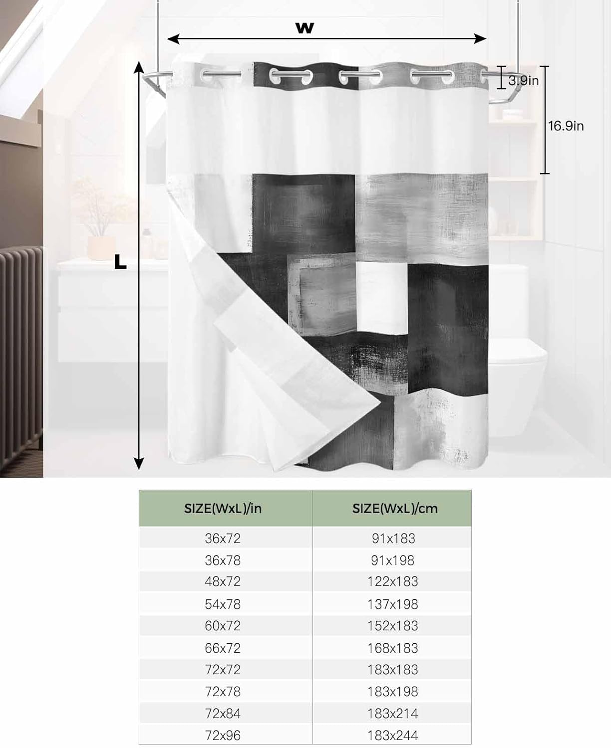 Black Grey Abstract Art No Hook Shower Curtain with Snap in Liner Rustic Shabby Color Block Plaid Shower Curtain for Bathroom, Fabric Waterproof Inner Liner, Hotel Style with Mesh Top Window, 72x72