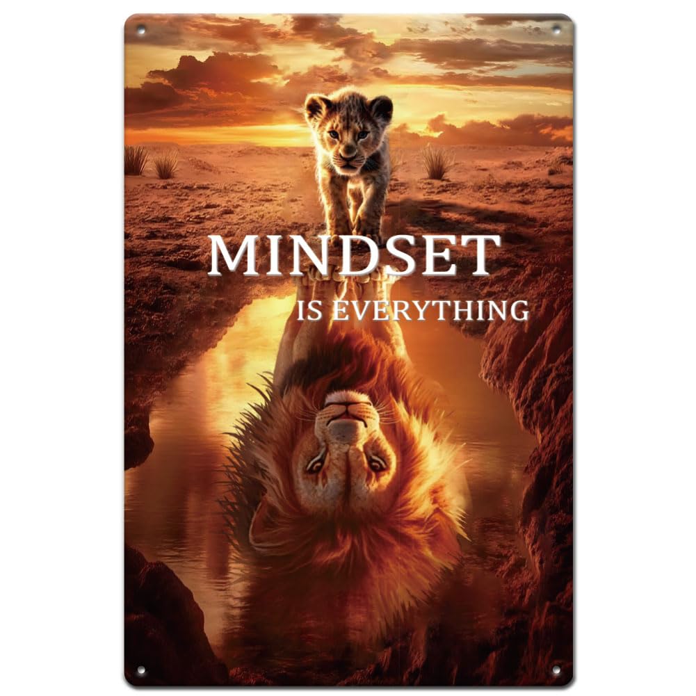SUPERDANT Lion Metal Signs Lion Motivation Quotes Tin Signs Mindest is Everything Metal Wall Plaques Funny Sign Vintage Decor Gym Metal Sign for Man Cave Bar Pub Retro Decor