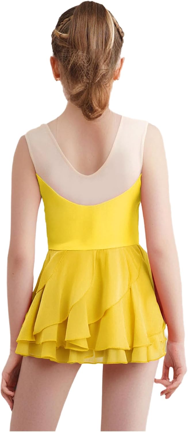 Freebily Kids Girls Figure Ice Skating Dress Sleeveless Shiny Rhinestone Ballet Dance Leotard Tutu Dress