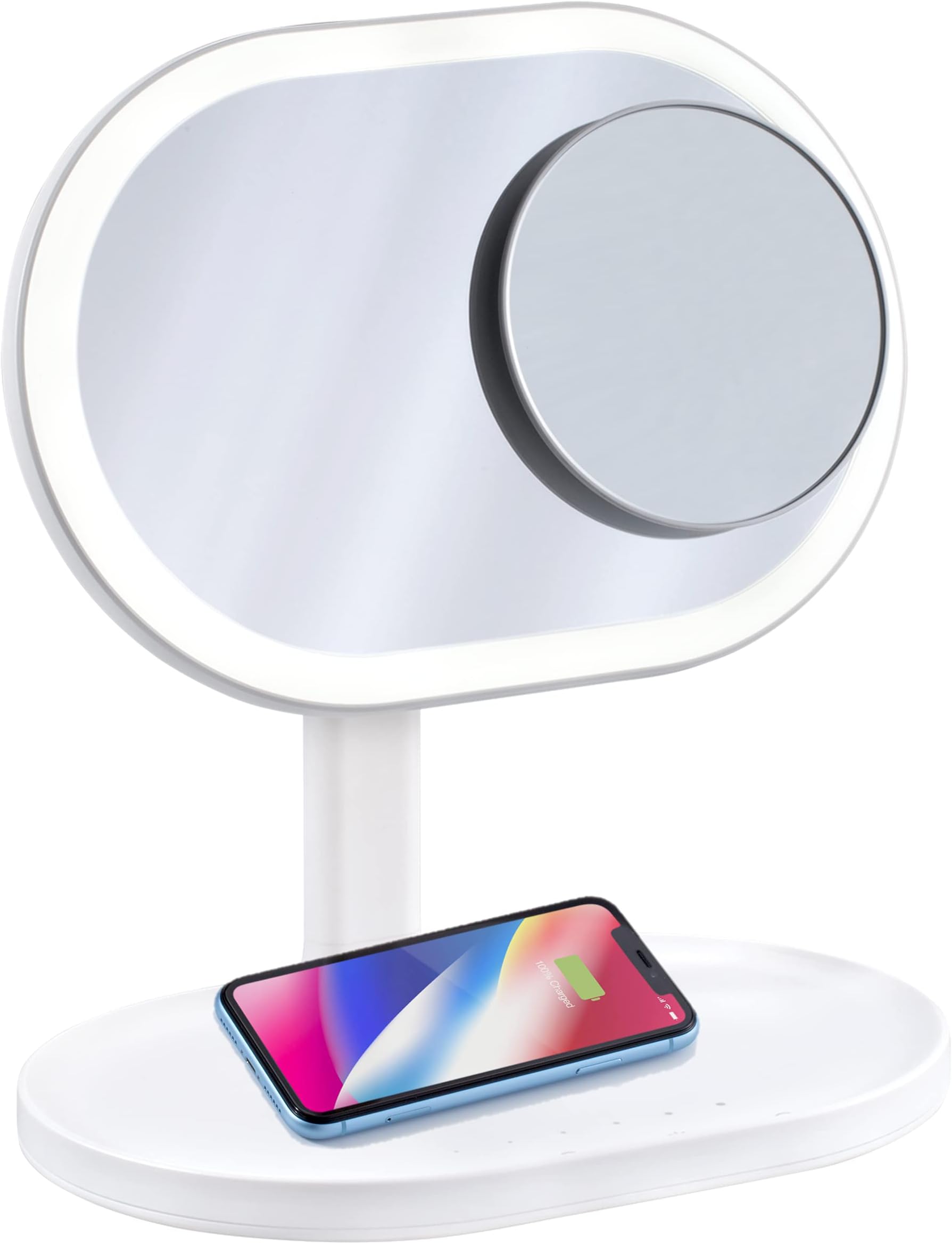 MOMAX - Q. LED 4 in 1 Makeup Mirror with 5x Magnification including [10W] Wireless Charger Bluetooth Speaker and Dimmable LED Desk Lamp