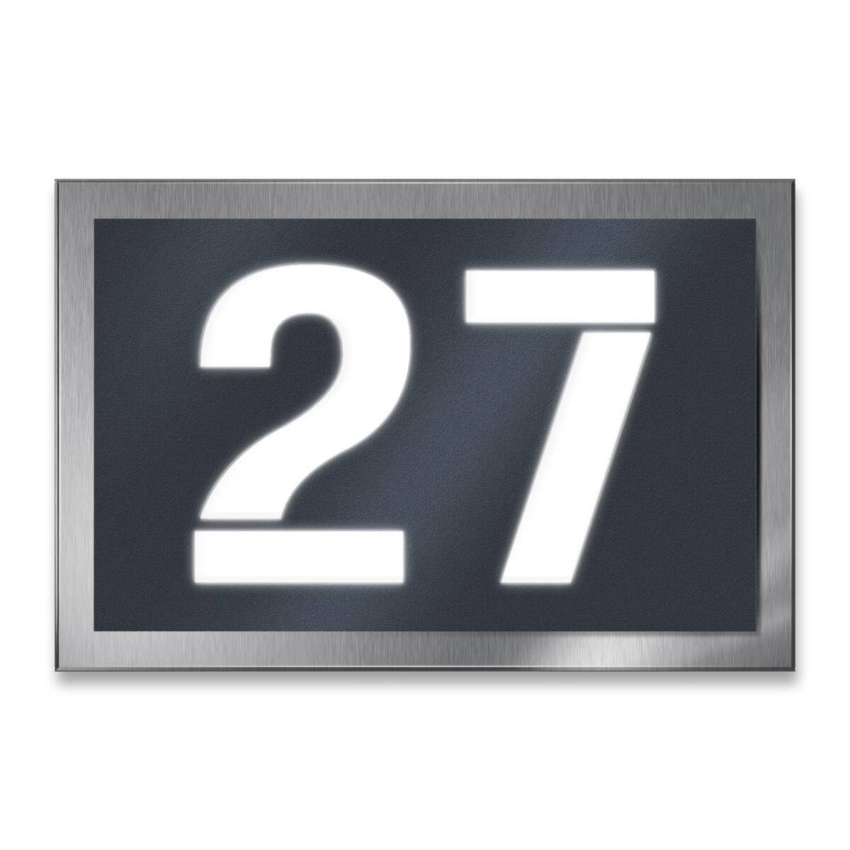 Metzler LED-Hausnummernschild 3-stellig | Edelstahl mit Acrylglas in Anthrazit RAL 7016 matt | Beleuchtetes Design-Schild 31x20 cm | witterungsbeständig, flach & modern