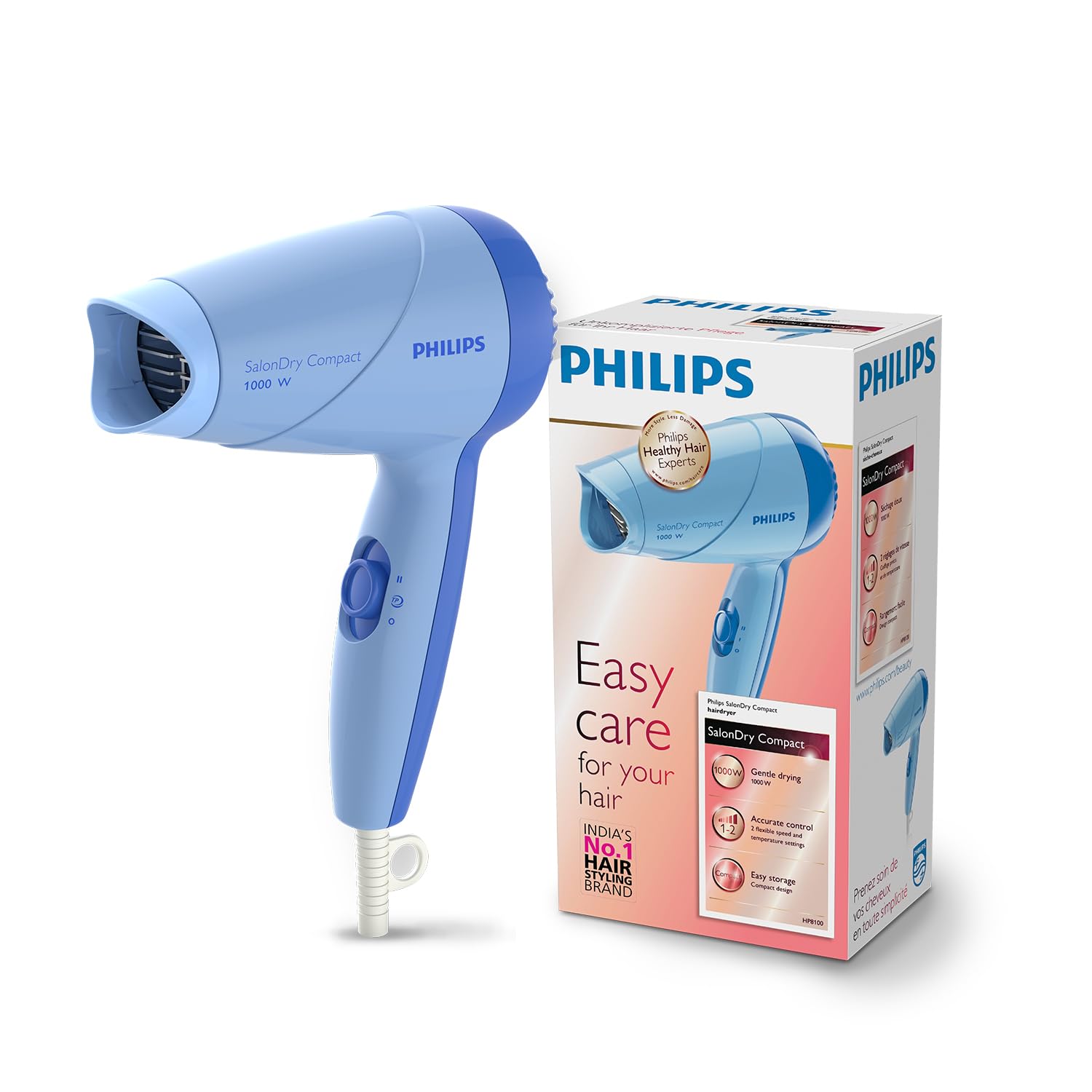 Philips Hair Dryer 1000 Watts | Perfect Blow Dry For Men & Women | 2 Heat Settings (Hot/Warm) | ThermoProtect Technology prevents overheating | HP8100/60 - Blue | | 2 years Warranty