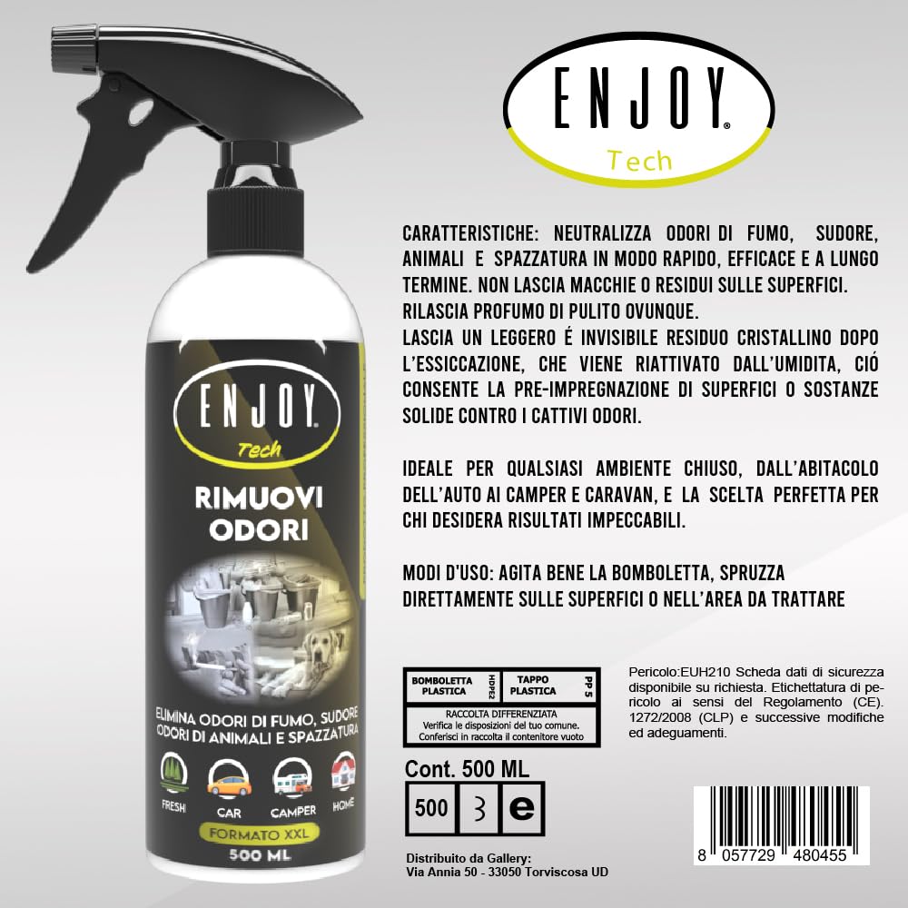 ENJOY TECH Rimuovi Odori Spray 500 ml – Neutralizza Odori di Fumo, Animali, Cibo e Sudore – Assorbi-Odori per Tessuti, Divani, Auto, Scarpe e Accessori Sportivi – Made in Italy