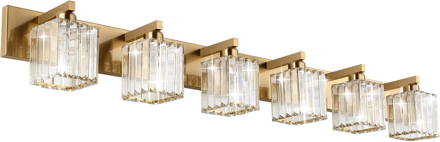 Aipsun Lámpara de tocador de baño, accesorios de iluminación de cristal de latón, 6 luces, accesorios de iluminación modernos para baño (excluir