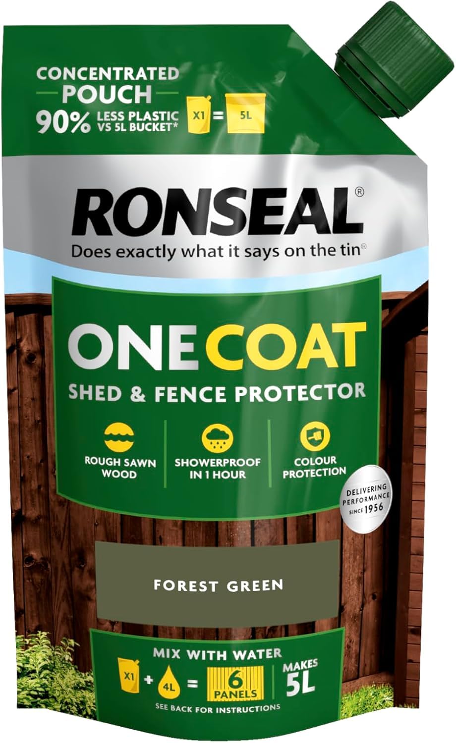 Ronseal One Coat Shed and Fence Protection Mix with Water Makes 5 litres of Paint for Effortless Coverage & Long Lasting Protection Forest Green Pouch 950ml