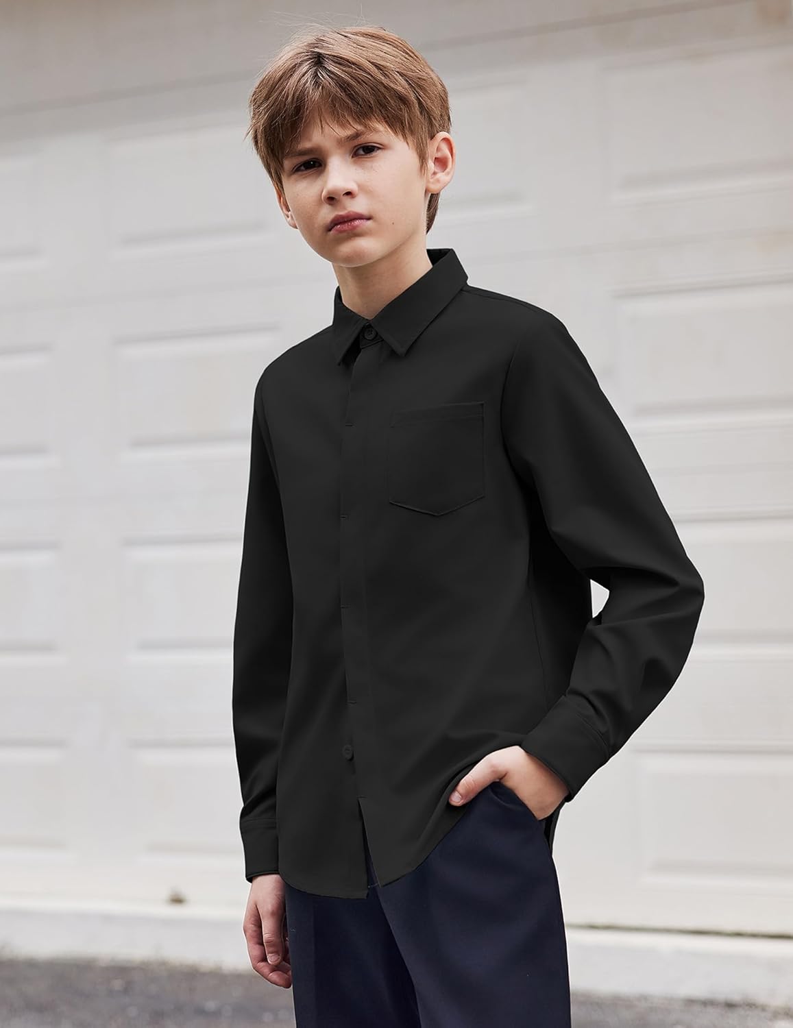 Arshiner Boys Long Sleeve Dress Shirt Solid Button Down Shirts School Formal Uniform Shirts with Pocket for 5-12 Years - Image 3