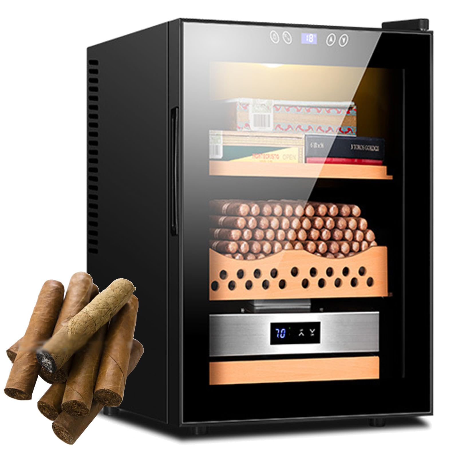 Humidor Pudełko na Cygara 2-warstwowe nawilżacze do cygar, mieszczące 200-300 cygar, szafka na cygara z funkcją regulacji temperatury/wilgotności