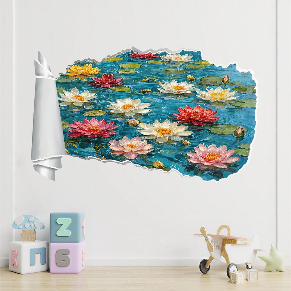 3D Durchbruch Wandtattoo Mädchen Kinderzimmer Lotus Wandaufkleber Dekorative Ölgemälde-Kunst Wandsticker für Junge Teenager Zimmer Wohnzimmer Schlafzimmer Wandbilder Deko