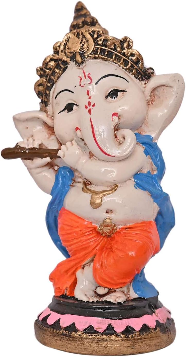 Omkar Sales nd Services Resin Playing Flute Ganesh Idol Statue Best for Home & Office Decor (Flute Vinayak), Multi Colour, Medium, showpiece-65