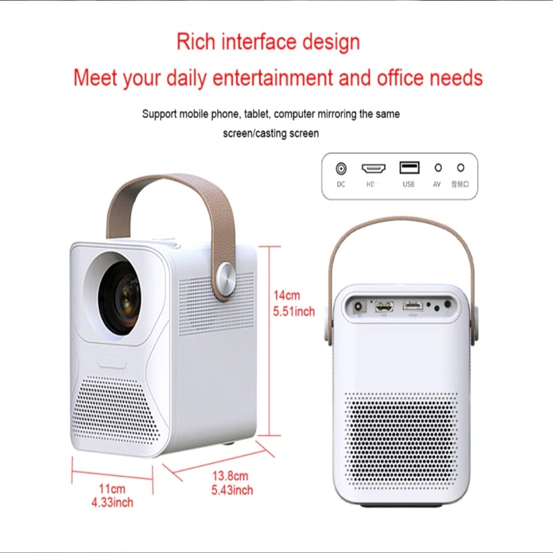 Diagram showing the dimensions of the AUN ET30S projector (11cm width, 13.8cm depth, 14cm height) and its rear interface ports: DC power, HD (HDMI), USB, AV, and Audio Out.