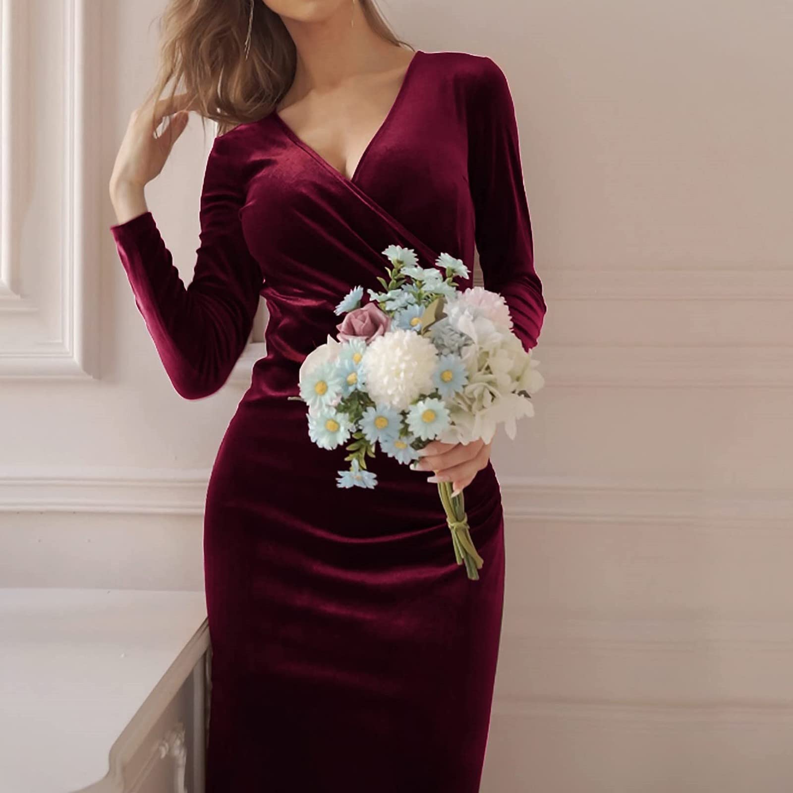 FUPODD Abendkleid Damen Lang Samtkleid Curvy Cocktailkleid Damen Langarm Abendkleider Elegant Für Hochzeit Samt Kleider Eng Ballkleid Maxi Festliches Kleid V Ausschnitt Partykleid Frauen Wickelkleid