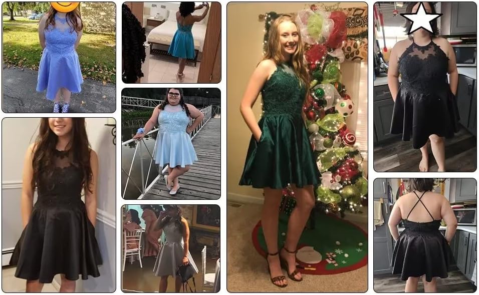 Miniatura 6 de Vestidos cortos de graduación para jóvenes con apliques de encaje brillante con cuentas halter vestido de regreso a casa, bermellón claro