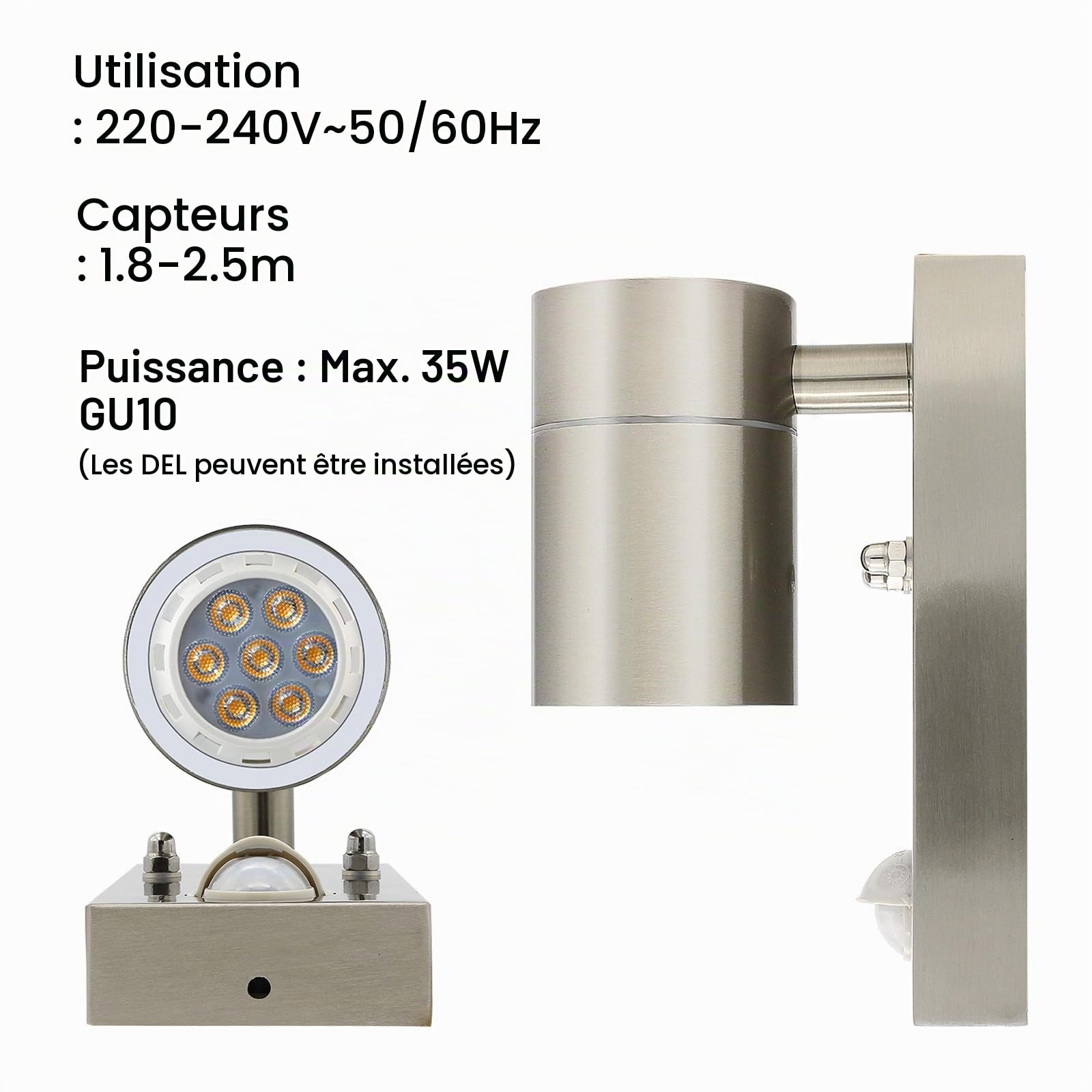 HiBay Applique Murale Exterieur Détecteur de Mouvement 7W,Éclairage Exterieur avec Detecteur Mouvement LED Moderne Inox Brossé GU10 550lm Blanc Chaud IP44 Étanche Lot de 2