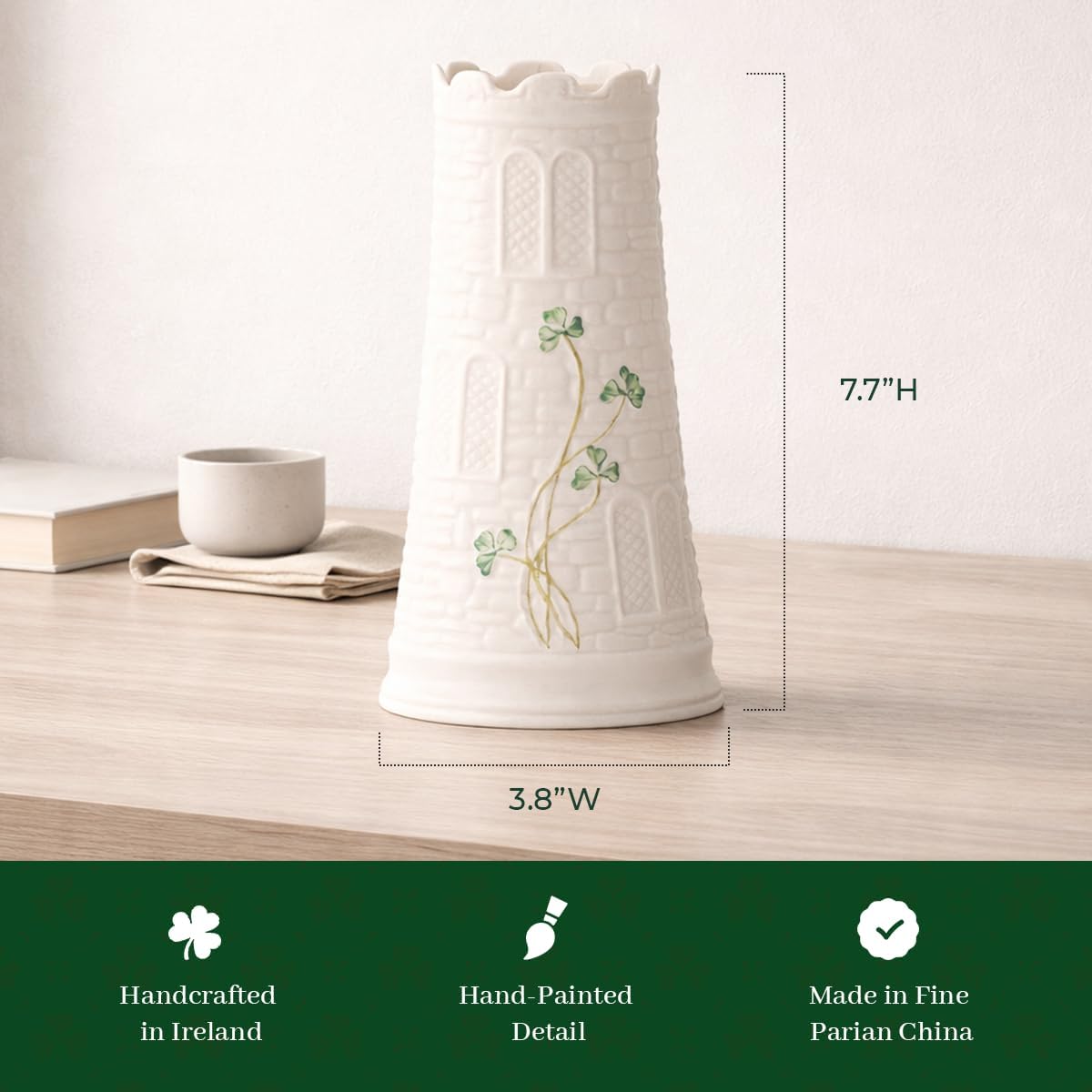 Belleek Castle Vase - Handcrafted Fine Parian China Shamrock Irish Decor - White Flower Vase, 3.8" W x 7.7" H