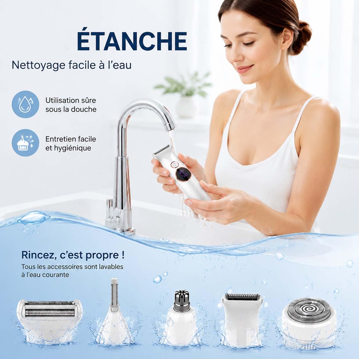 Elios Rasoir Femme 5 en 1, Épilateur Électrique avec Affichage LED, Chargement USB, Étanche Bikini Aisselles Jambes Bleu