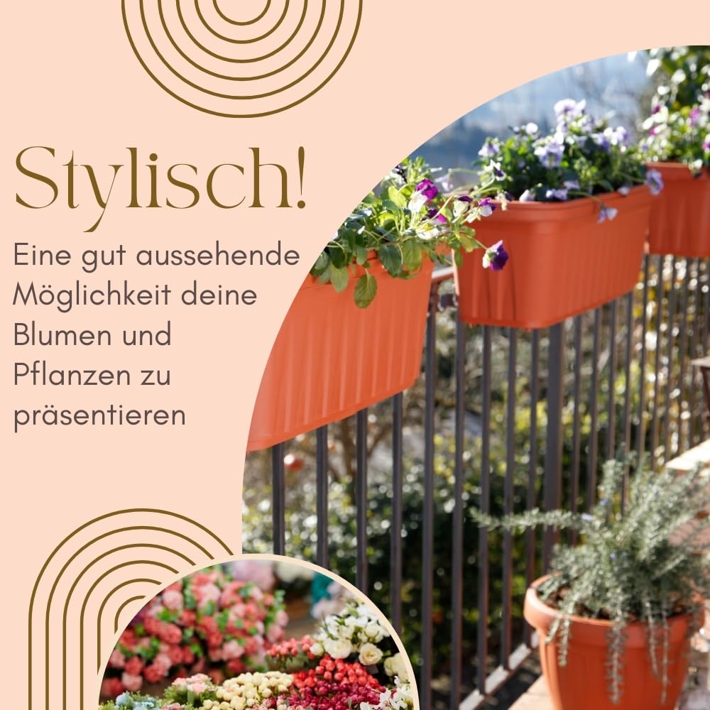 GarPet 4er Set Blumenkasten Balkongeländer Balkon Blumenkasten Balkonkasten mit Halterung Balkonkasten Geländerkasten mit Wasserspeicher 60 cm Terrakotta