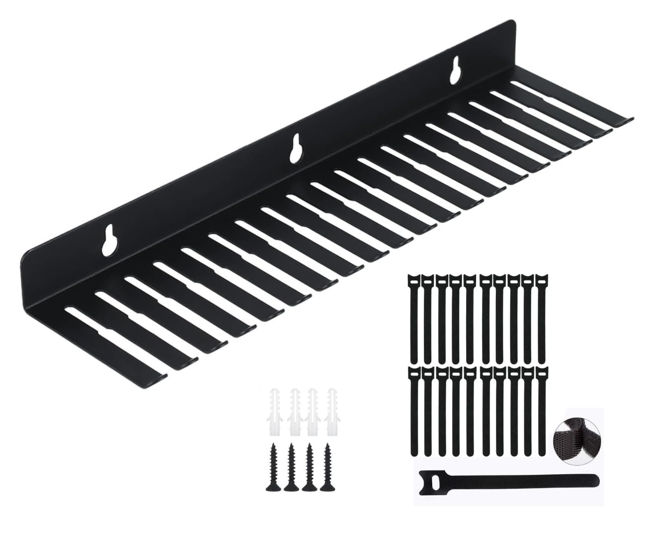 IRSTBL – 19-Slot Wall-Mounted Cable Organiser – Heavy-Duty 16-Gauge Steel Cable Hanger Rack with 20 Reusable Hook & Loop Cable Ties – Black Powder-Coated Finish