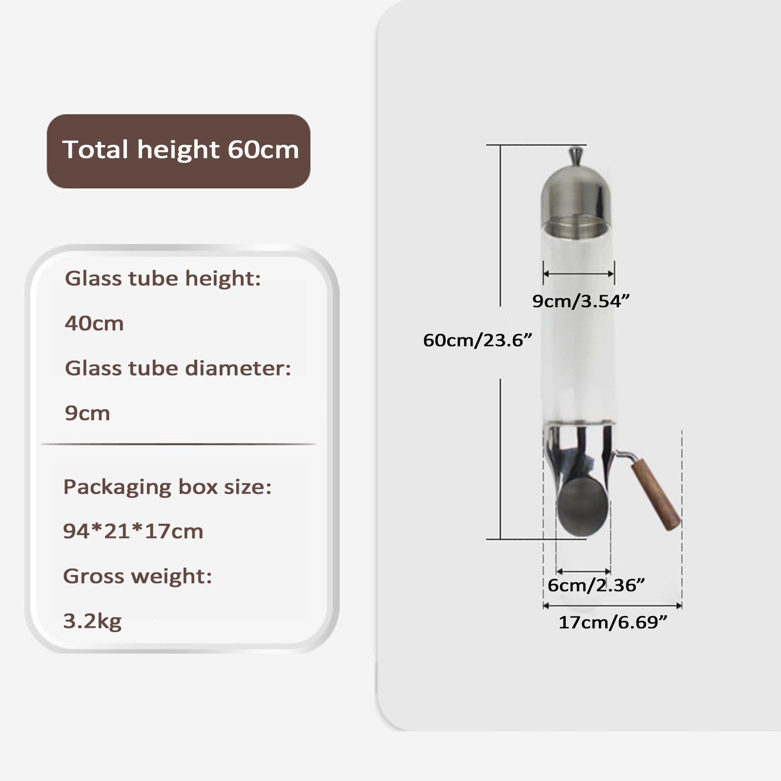 Distributeur de grains de café - Boîte de rangement murale avec sortie réglable pour bonbons, thé et céréales - Acier inoxydable avec tube en verre